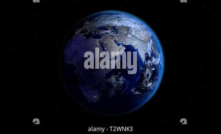 La planète Terre la moitié de nuit et demi-journée avec les lumières de la ville et nuages dans l'espace avec des étoiles. L'Afrique, l'Europe et l'Asie. Banque D'Images