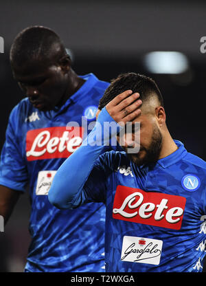 TIM Serie A match de football tenue à l'stade San Paolo à Naples. Napoli Juventus terminé 1 - 2, la déception de l'insigne et le capitaine Lorenzo Kalidou Koulibaly à la fin du match. 03/03/2019, Naples, Italie Où : Naples, Italie Quand : 03 mars 2019 Credit : IPA/WENN.com **Uniquement disponible pour publication au Royaume-Uni, USA, Allemagne, Autriche, Suisse** Banque D'Images