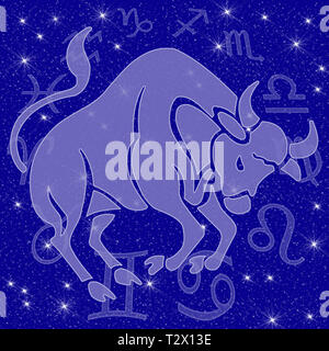 Signe du Zodiaque avec star image comme soulagement devant d'un ciel étoilé bleu foncé Banque D'Images