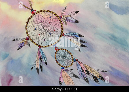 Sur l'illustration à l'aquarelle, une belle Dream Catcher monter librement dans le ciel. Banque D'Images