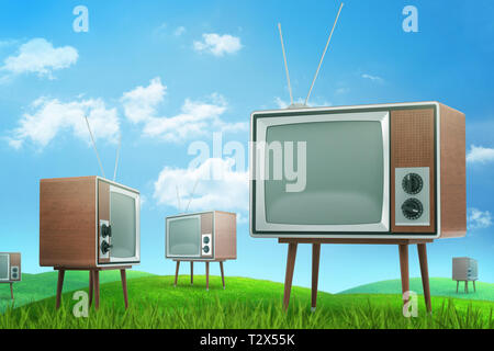 Le rendu 3D de champ vert avec de nombreux anciens téléviseurs sous ciel bleu. L'art conceptuel d'anciennes technologies. Sentiment nostalgique. Banque D'Images
