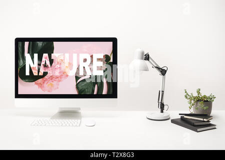 Ordinateur avec feuilles de monstera vert et des roses avec la nature sur l'écran sur fond blanc Banque D'Images