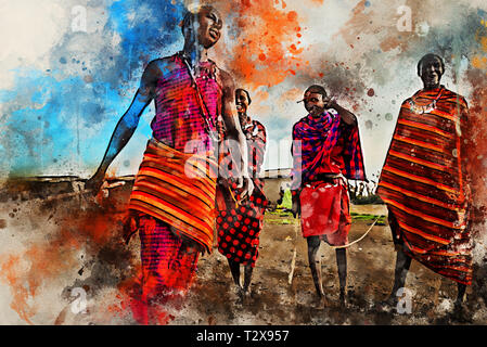 Peinture de la tribu masai effectuant des danses traditionnelles en Afrique Banque D'Images