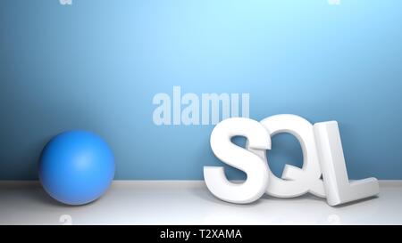 SQL 3D blanc écrire au mur bleu avec sphère bleue - le rendu 3D Banque D'Images