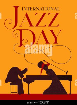 Illustration de l'affiche de la Journée internationale du jazz de femme élégante chanteuse et pianiste de concert ou événement spécial. Illustration de Vecteur