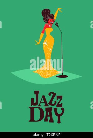 Illustration de l'affiche de jazz de style rétro femme mi siècle chanteur pour concert spécial ou fête de la musique. Illustration de Vecteur