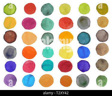 Ensemble d'aquarelles colorées cercle peint main isolé sur blanc. Banque D'Images