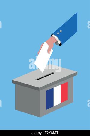 Voter pour la France avec l'élection au scrutin de vote et drapeau français. Tous les objets, la silhouette et l'arrière-plan sont dans des couches différentes. Illustration de Vecteur