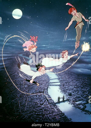 JOHN, Michael, Wendy, PETER PAN, fée clochette voler au-dessus de Londres, PETER PAN, 1953 Banque D'Images