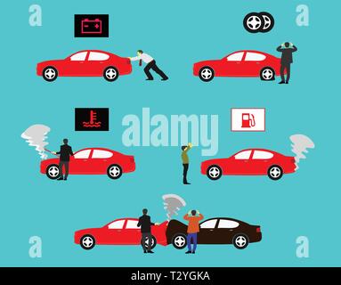 Afficher l'événement de la voiture rouge montrent l'échec de divers types de voitures sur fond bleu Illustration de Vecteur