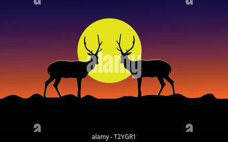 Silhouette de deux cerfs debout sur une montagne avec une lune jaune en arrière-plan. Illustration de Vecteur