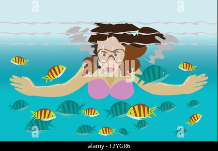 Les femmes sont la plongée en mer pour voir les poissons de fond sous-marin Illustration de Vecteur