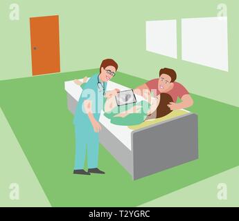 Échographie obstétrique font voir le bébé dans le ventre de la femme sur le lit avec le couple en attente de la bonne humeur dans le salon bleu Illustration de Vecteur