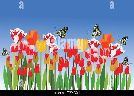 Close up Fleurs et papillon sur fond de ciel bleu avec des fleurs Illustration de Vecteur