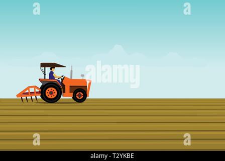 L'homme est au volant d'un tracteur orange. Afin de labourer le sol sur le terrain. Avoir un fond de ciel bleu Illustration de Vecteur