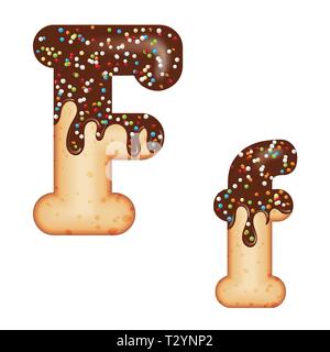 Tentant de la typographie. La conception de la police. Lettre de givrage. Sweet donut 3D LETTRE F vitrage avec crème au chocolat et bonbons. Vector Illustration de Vecteur
