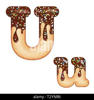 Tentant de la typographie. La conception de la police. Lettre de givrage. Sweet donut 3D LETTRE U vitrage avec crème au chocolat et bonbons. Vector Illustration de Vecteur