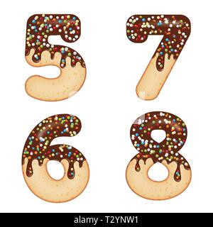 Tentant de la typographie. La conception de la police. Lettre de givrage. Sweet donut 3D chiffres cinq, six, sept, huit, vitrage avec crème au chocolat et bonbons. Vector Illustration de Vecteur