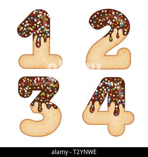 Tentant de la typographie. La conception de la police. Lettre de givrage. Sweet donut 3D numéros un, deux, trois, quatre, vitrage avec crème au chocolat et bonbons. Vector Illustration de Vecteur