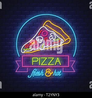 Pizza - Neon Sign vecteur. Pizza l'enseigne au néon sur mur de brique, de fond de l'élément de conception lumière, bannière, enseigne au néon annonce advensing, nuit. Vector Illustration de Vecteur