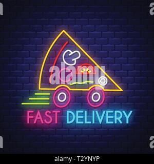 Pizza Livraison rapide - Neon Sign vecteur. Pizza Livraison rapide - neon sign on brick wall background, élément de conception lumière, bannière, annonce l'enseigne au néon Illustration de Vecteur