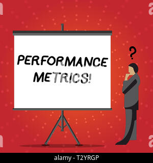 Main Perforanalysisce conceptuel écrit, indiquant les mesures. Concept utilisé la saisie et le suivi de l'perforanalysisce avec que d'affaires de production Banque D'Images