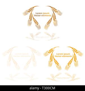 Les épis de blé, d'avoine ou d'orge trois logotypes vector set golden sur fond blanc. Eco ingrédient naturel élément, une nourriture saine ou l'agriculture, brea Illustration de Vecteur