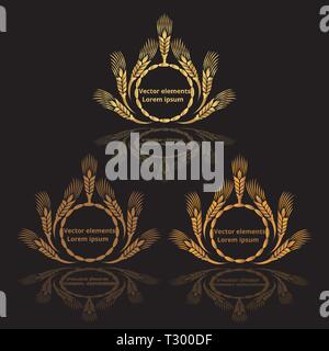 Les épis de blé, d'avoine ou d'orge trois logotypes vector set golden sur fond noir. Eco ingrédient naturel élément, une nourriture saine ou l'agriculture, brea Illustration de Vecteur