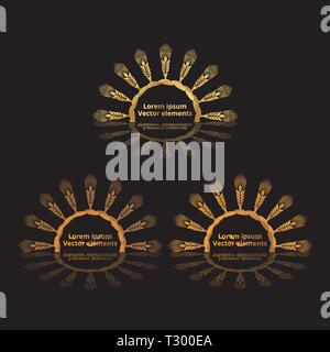 Les épis de blé, d'avoine ou d'orge trois logotypes vector set golden sur fond noir. Eco ingrédient naturel élément, une nourriture saine ou l'agriculture, brea Illustration de Vecteur