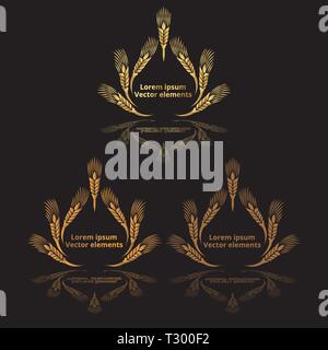 Les épis de blé, d'avoine ou d'orge trois logotypes vector set golden sur fond noir. Eco ingrédient naturel élément, une nourriture saine ou l'agriculture, brea Illustration de Vecteur