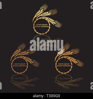 Les épis de blé, d'avoine ou d'orge trois logotypes vector set golden sur fond noir. Eco ingrédient naturel élément, une nourriture saine ou l'agriculture, brea Illustration de Vecteur