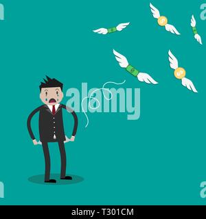 Cartoon Businessman avec poches vides et voler de l'argent. vector illustration sur fond vert. Finance, de motivation au travail Illustration de Vecteur