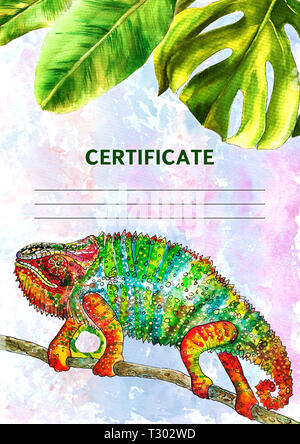 La conception du certificat avec l'aquarelle peint feuilles tropicales. Format vertical. L'illustration. Entièrement en couleur, vertical, caméléon, lézard couleur aquarelle ch Banque D'Images