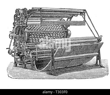 La carde pour finissage textile-mécanisation du processus du pan de tissu : le processus de production l'écheveau des extrémités des fibres dans le tissu pour produire une sieste Banque D'Images