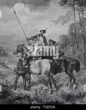 L'amélioration de la reproduction numérique, de l'arbuste, chevaliers chevaliers prédateurs attendre au xixe siècle pour un transport qu'ils peuvent piller, ou peut élever road devoir, Strauchritter, Raubritter warten im 19. Jahrhundert auf einen Wagen können Sie den ausplündern Wegezoll erheben können, de l'Oder, à partir d'un tirage original du 19ème siècle Banque D'Images