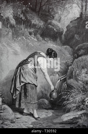 L'amélioration de la reproduction numérique, jeune femme boules l'Easter l'eau dans le puits, Junge Frau schöpft das Osterwasser am Brunnen, à partir d'un tirage original du 19ème siècle Banque D'Images