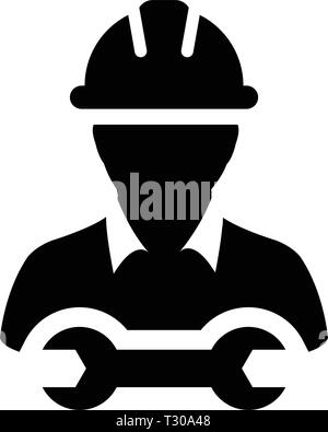 L'icône Outils vector construction profil de personne de sexe masculin service avatar avec casque de casque et la clé dynamométrique dans illustration pictogramme glyphe Illustration de Vecteur