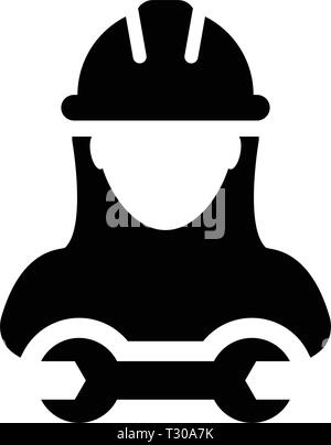 L'icône Outils vector construction femelle personne service profile avatar avec casque de casque et la clé dynamométrique dans illustration pictogramme glyphe Illustration de Vecteur