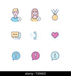 Médias sociaux - ligne moderne style design icons set. Rose, Bleu haute qualité des images avec des symboles, ajouter de l'utilisateur, femme ou homme, médaille, amis, chat, appel, h Illustration de Vecteur