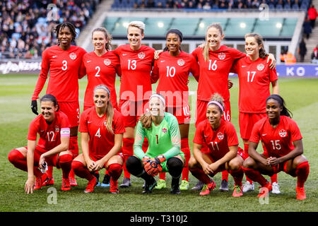 Manchester, UK. 30Th Mar, 2019. MANCHESTER, Angleterre 5 avril Canada femmes pour leur photo de l'équipe au cours de la match amical entre l'Angleterre et les femmes Les femmes du Canada à l'Académie Stadium, Manchester Le vendredi 5 avril 2019. (Crédit : Tim Markland | MI News) Credit : MI News & Sport /Alamy Live News Banque D'Images