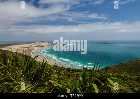 Vue à partir de la côte du cap Reinga avec ciel bleu et les nuages blancs au-dessus, Northland, Nouvelle-Zélande. Banque D'Images