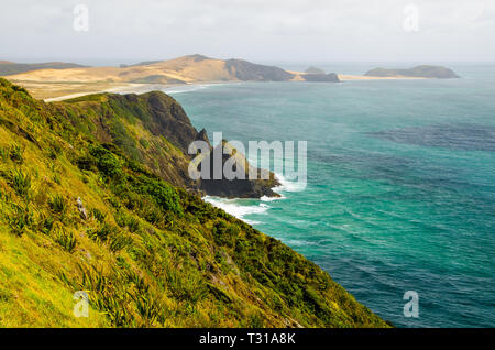 Vue à partir de la côte du cap Reinga avec ciel bleu et les nuages blancs au-dessus, Northland, Nouvelle-Zélande. Banque D'Images