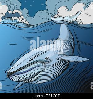 La baleine bleue La plongée sous la surface de l'océan. Les nuages et les vagues et les mouettes tournoyant au-dessus Illustration de Vecteur