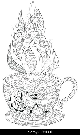 Tasse de café ou de thé vecteur résumé avec des ornements. Hand drawn illustration pour livre de coloriage pour adulte en zentangle, doodle style. Pages à colorier. Illustration de Vecteur