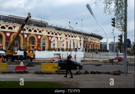 28 avril 2018, Minsk, Belarus . La reconstruction du stade 'Dynamo' à Minsk, qui sera l'hôte de la compétition de la 2ème jeux européens en 2019. Banque D'Images