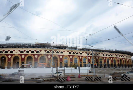 28 avril 2018, Minsk, Belarus . La reconstruction du stade 'Dynamo' à Minsk, qui sera l'hôte de la compétition de la 2ème jeux européens en 2019. Banque D'Images