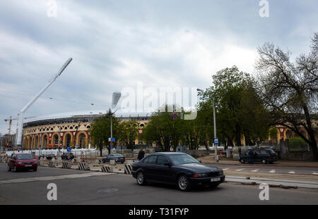 28 avril 2018, Minsk, Belarus . La reconstruction du stade 'Dynamo' à Minsk, qui sera l'hôte de la compétition de la 2ème jeux européens en 2019. Banque D'Images