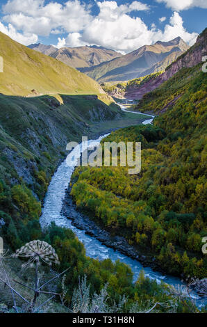 Truso Gorge colorée de la vallée vue vier rivière, forêt et montagnes derrière dans les montagnes près de Stepantsminda Kazbegi en Géorgie. Banque D'Images