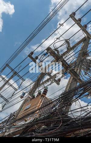 Les lignes d'électricité de l'énergie électrique et sous les disjoncteurs de la station à une centrale énergétique en Thaïlande. Banque D'Images