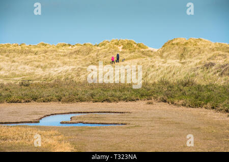Dunes de sable où le sentier national de la côte Norfolk de Burnham Overy Staithe atteint la mer, East Anglia, Angleterre, Royaume-Uni. Banque D'Images